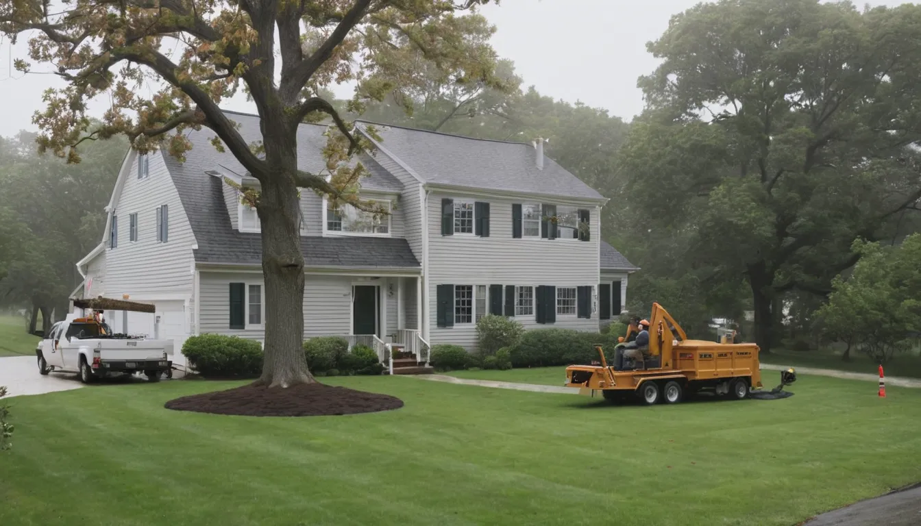 Tree removal provider cutting a large tree in sections in a residential yard in Hopatcong